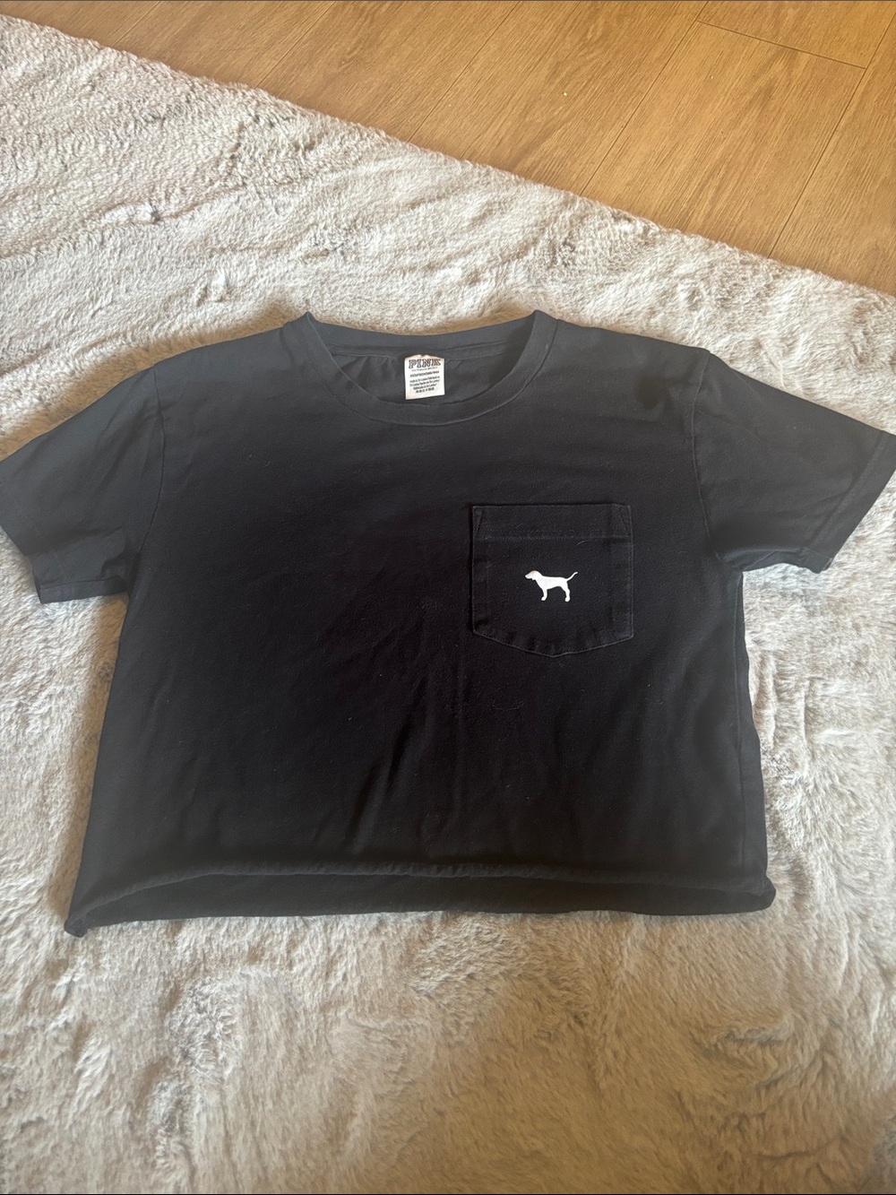 Victoria's Secret Black Cropped Pocket Tee with White Dog Logo
